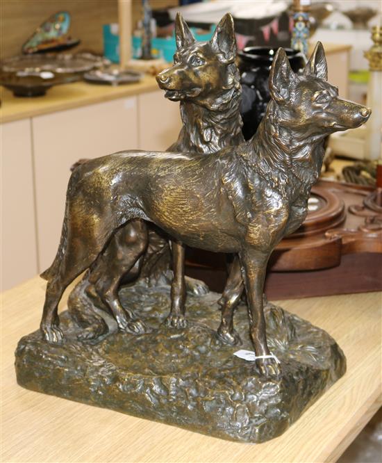 A signed Renee Marquet bronze of two Alsations, circa 1920s 46cm high, 49cm wide